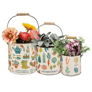 3 Metal Gnome Garden Pail or Bucket Tools Seed Vegetable Totes Storage Fun Gifts